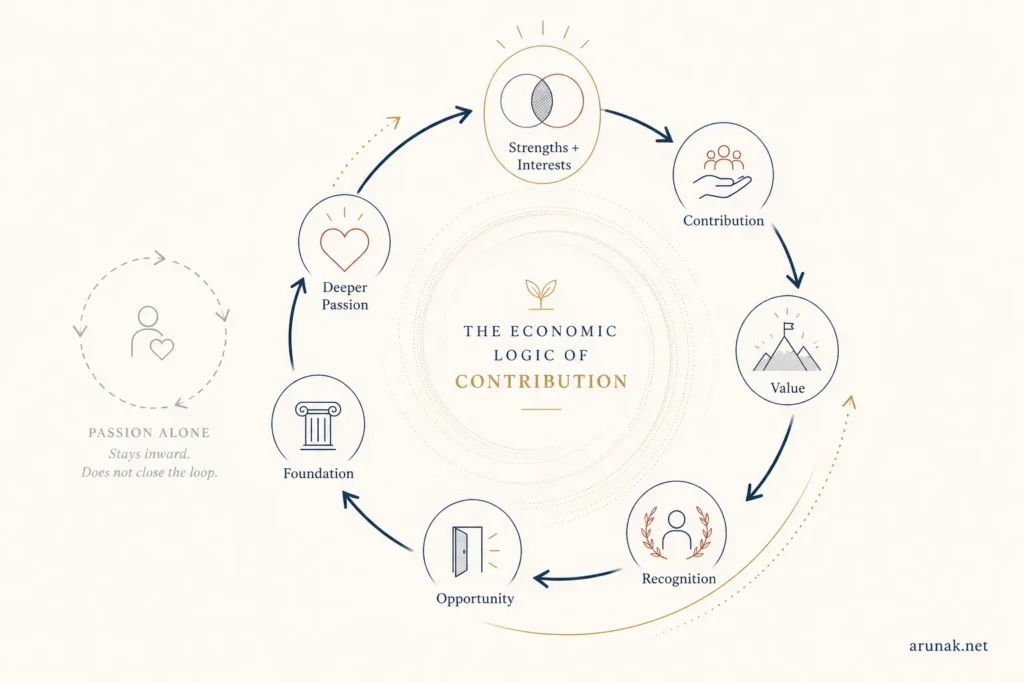 Circular infographic showing strengths, contribution, value, recognition, opportunity, foundation, and deeper passion in a follow your contribution flywheel.