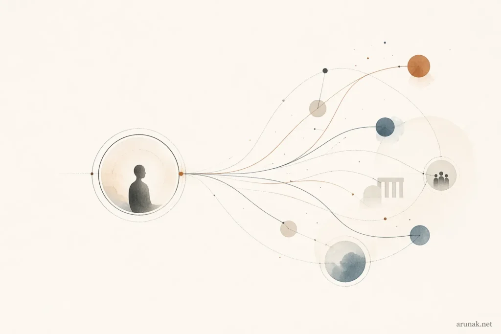 Minimal abstract illustration of a lone figure opening outward into people, institutions, and nodes, visualizing how to follow your contribution.