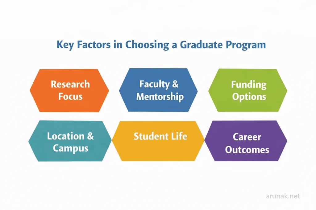 Infographic showing key factors in researching potential graduate programs, including research focus, faculty mentorship, funding options, location, student life, and career outcomes.