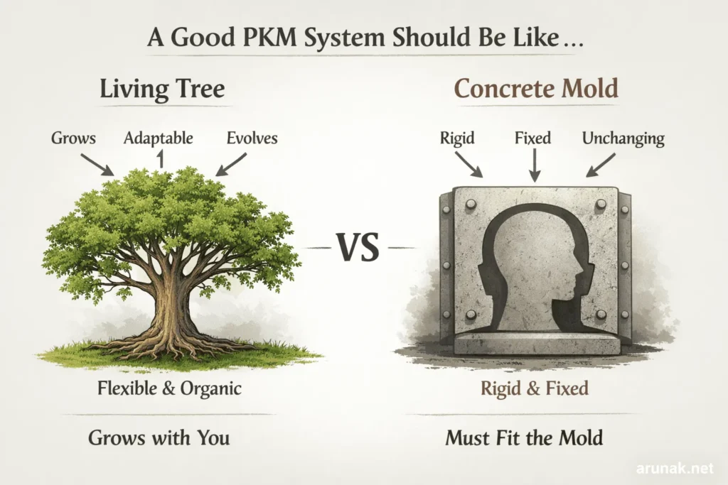 Conceptual comparison of a living tree and a concrete mold representing how a personal knowledge management system should adapt and grow rather than remain rigid