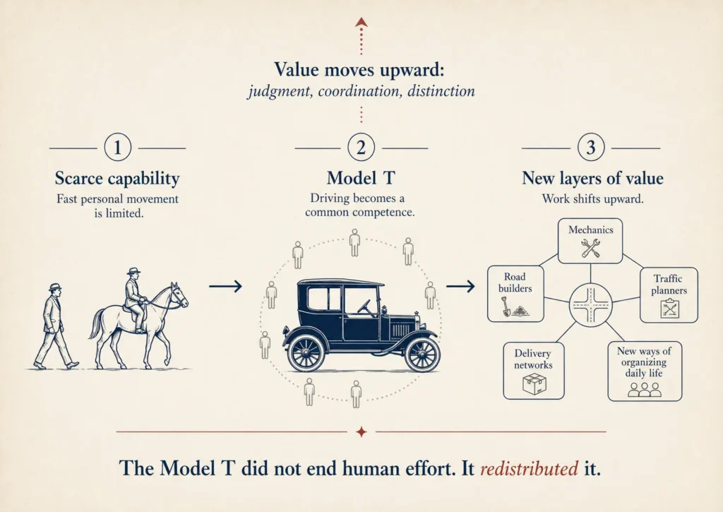 Infographic showing how the Model T made movement common and moved value upward, a metaphor for work being replaced by AI.