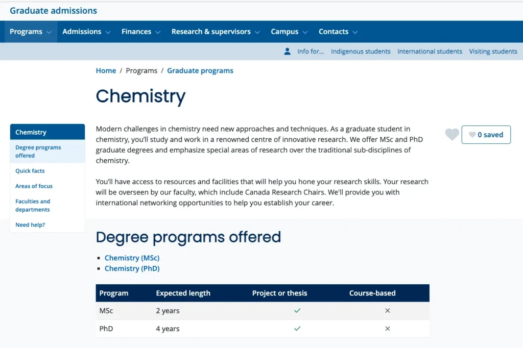 Screenshot of a university chemistry graduate program page showing degree programs offered, expected length, and whether the MSc and PhD are thesis-based or course-based.