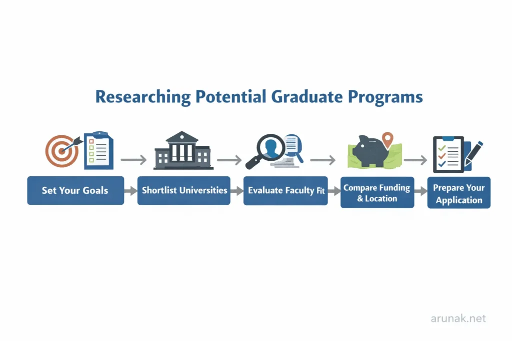 Flowchart showing the main steps in researching potential graduate programs, from setting goals and shortlisting universities to evaluating faculty fit, comparing funding and location, and preparing applications.