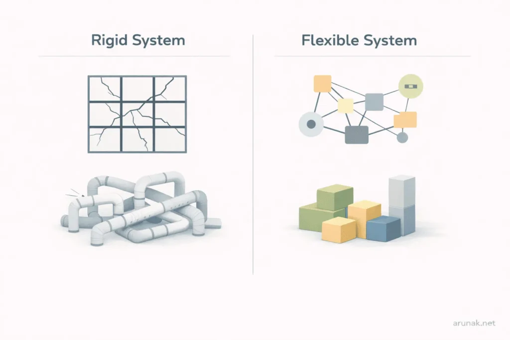 Visual comparison of a rigid versus flexible personal knowledge management system, showing a tangled fixed structure contrasted with modular building blocks that adapt over time