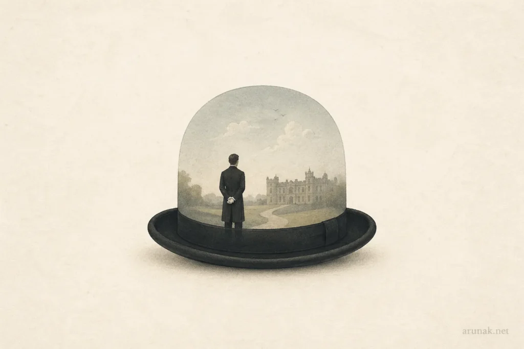 Minimalist illustration of a butler standing inside a bowler hat, looking toward a distant manor, symbolizing duty, memory, and regret in The Remains of the Day by Kazuo Ishiguro.