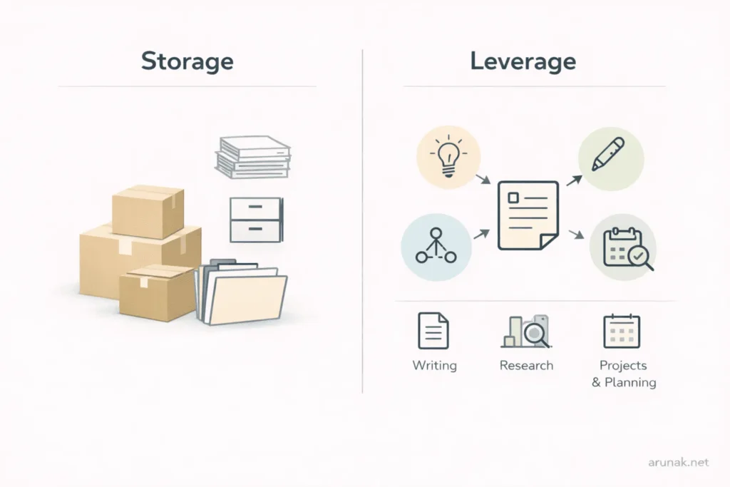 Illustration showing the difference between storage and leverage in a personal knowledge management system, with boxes and files contrasted against connected workflows for writing and research