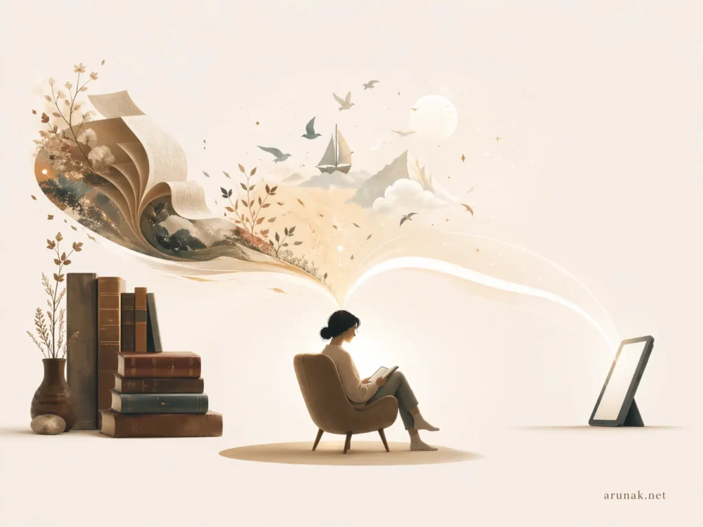 Editorial illustration for Kindle vs Physical Books, with stacked books, a seated reader, and story imagery flowing toward an e-reader.