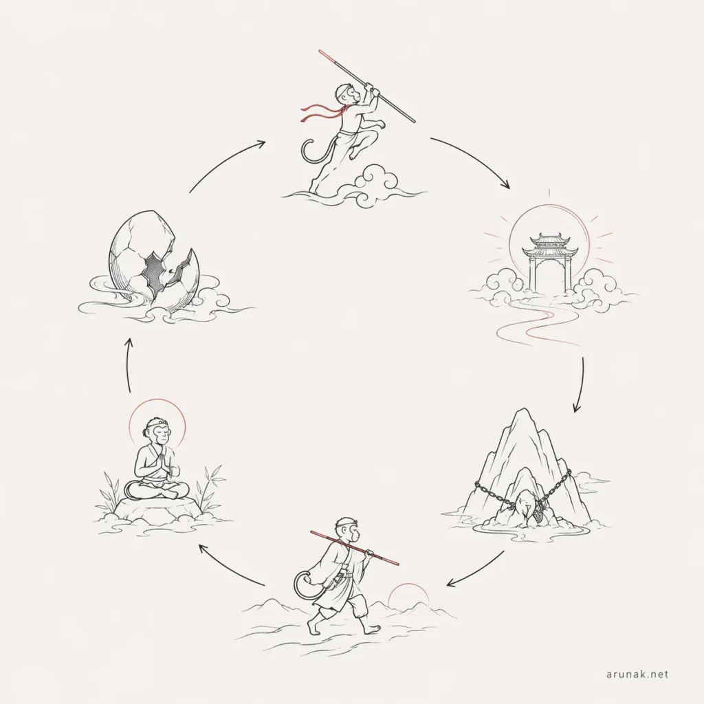 Minimal line illustration of Sun Wukong’s hero’s journey in The Monkey King, from stone birth and rebellion to trial, pilgrimage, discipline, and spiritual transformation.