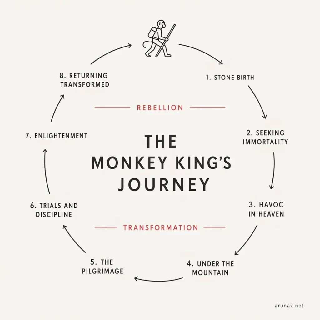 Circular diagram of Sun Wukong’s journey in The Monkey King by Cheng'en, showing stone birth, immortality, havoc in heaven, confinement under the mountain, pilgrimage, discipline, enlightenment, and return transformed.