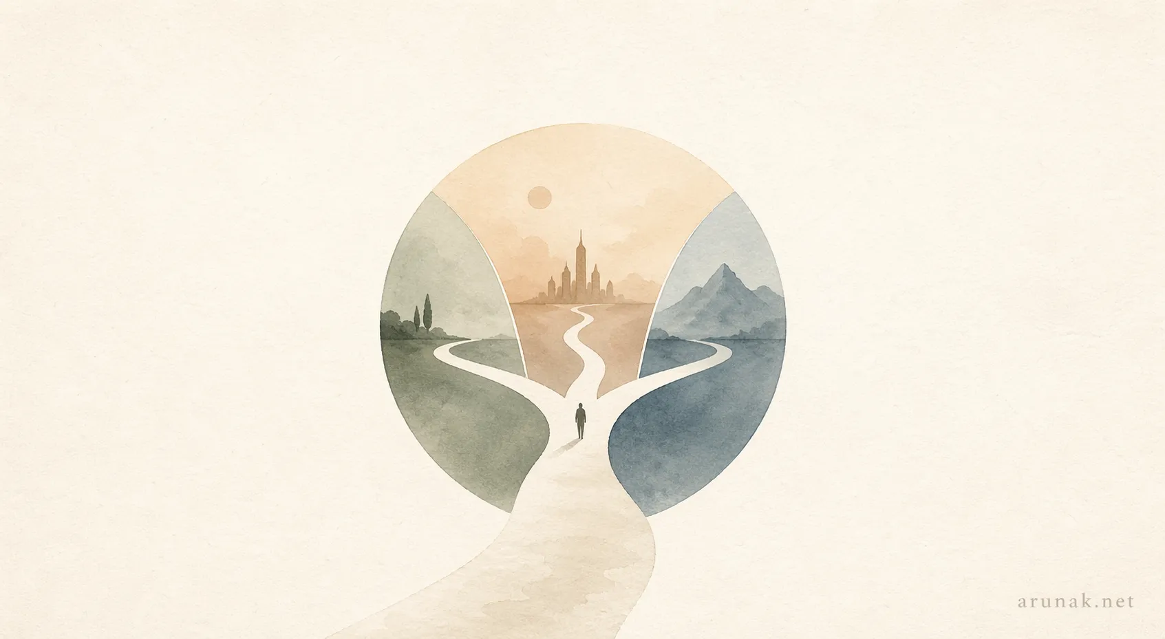 Conceptual watercolor banner for the 48 laws showing a lone figure at a three-way path, symbolizing different ways to organize power.