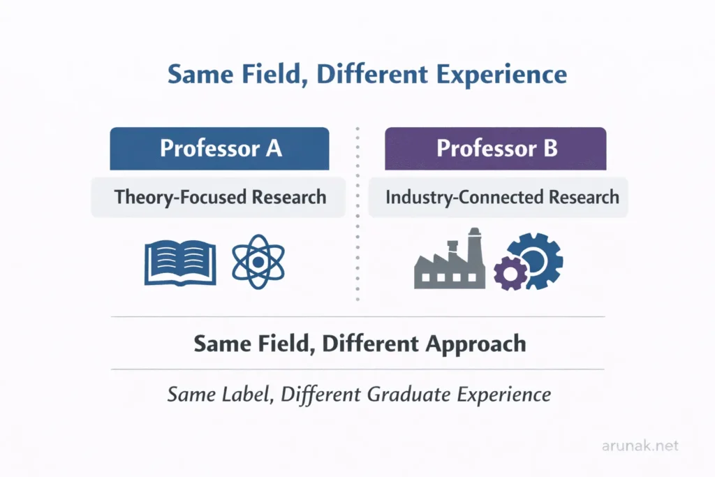 Comparison graphic showing how two graduate programs in the same field can offer very different experiences, with one focused on theory-based research and the other connected to industry.