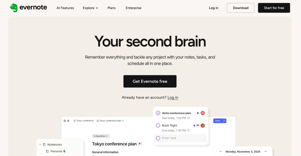Screenshot of Evernote homepage presenting a personal knowledge management system focused on capturing notes, tasks, and information in one place