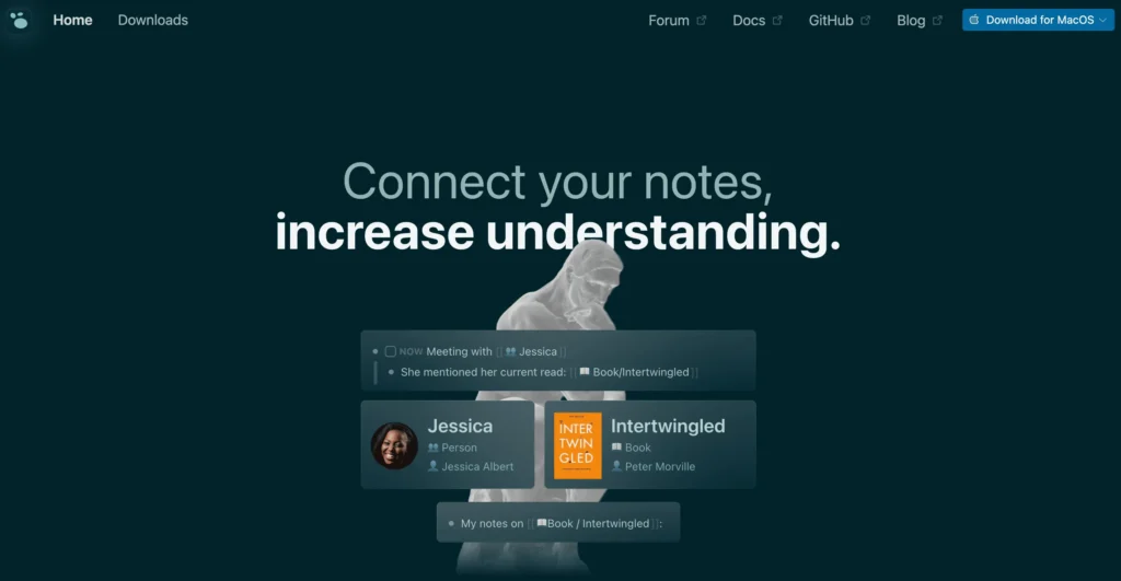 Logseq: example of interconnected notes in a personal knowledge management system, showing how linking ideas improves understanding over time