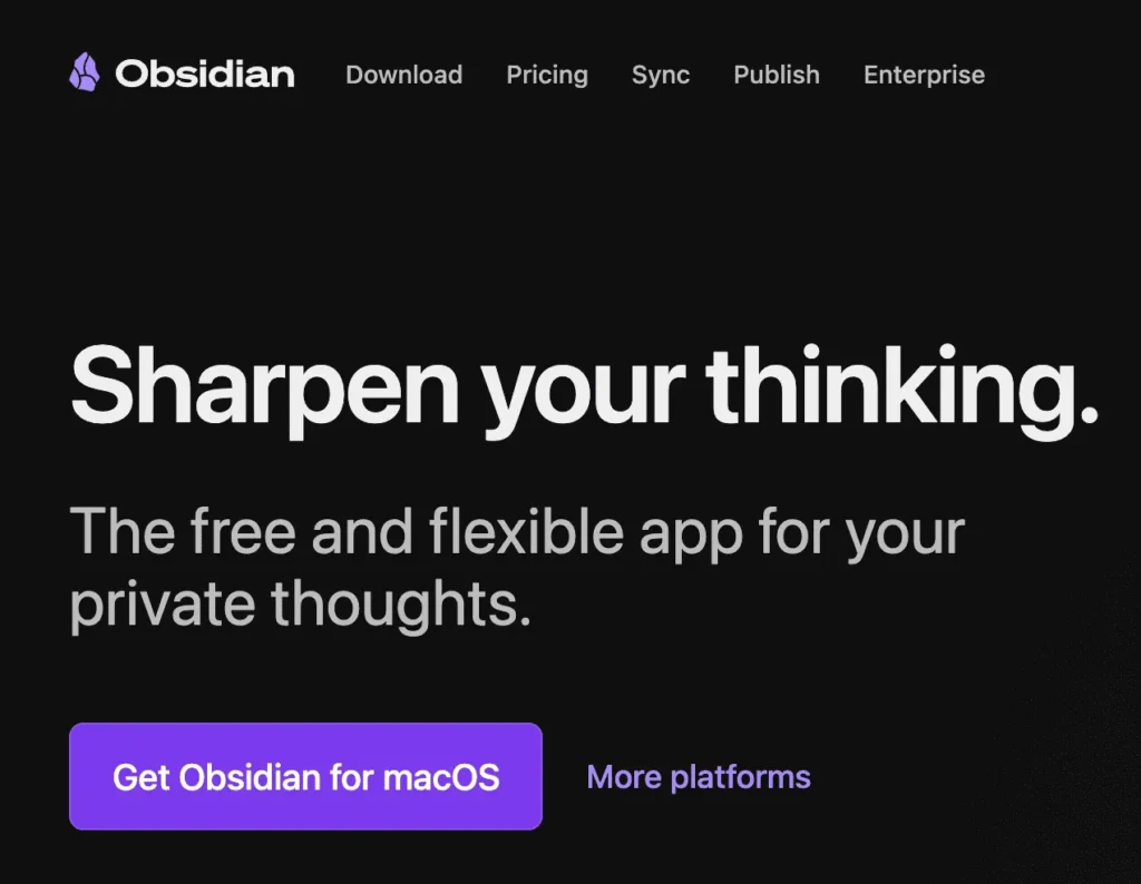 Screenshot of Obsidian homepage emphasizing thinking and flexibility as the core value of a personal knowledge management system