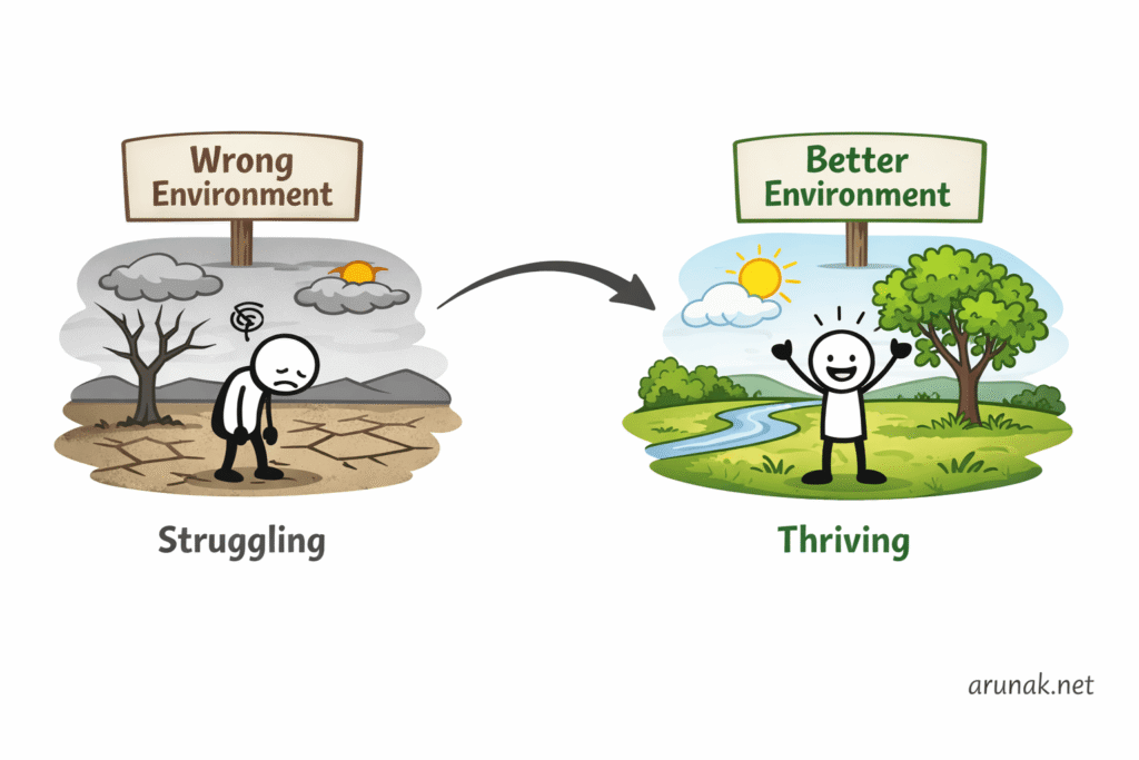 Illustration showing the same person struggling in one environment and thriving in another, highlighting how ability can depend on fit and context.