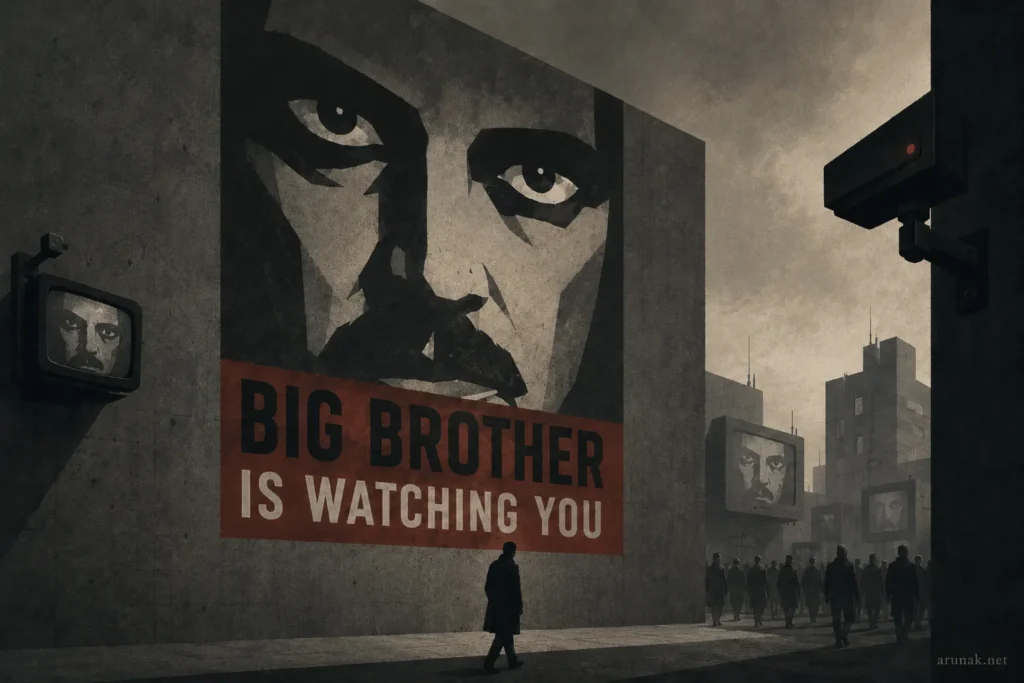 Dark city scene from 1984 with Big Brother posters, telescreens, and surveillance cameras, showing fear as control in dystopian books.
