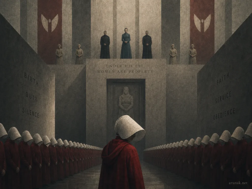 Rows of red-cloaked handmaids stand in a rigid hall under regime slogans, showing bodily autonomy controlled in dystopian books.