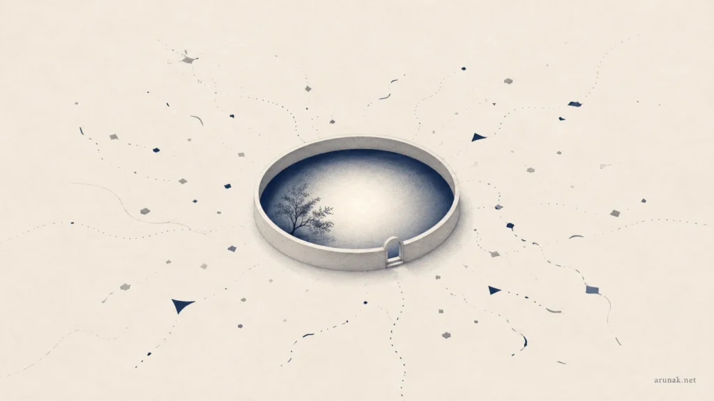 Minimal abstract illustration of a quiet circular boundary protecting a calm inner space while scattered fragments move outside it, symbolizing the need for boundaries around attention in a fragmented world.