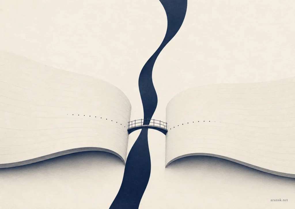 Abstract horizontal illustration of two open book-like forms separated by a deep navy boundary, with a small bridge connecting them, representing how boundaries make cooperation and inner coordination possible.