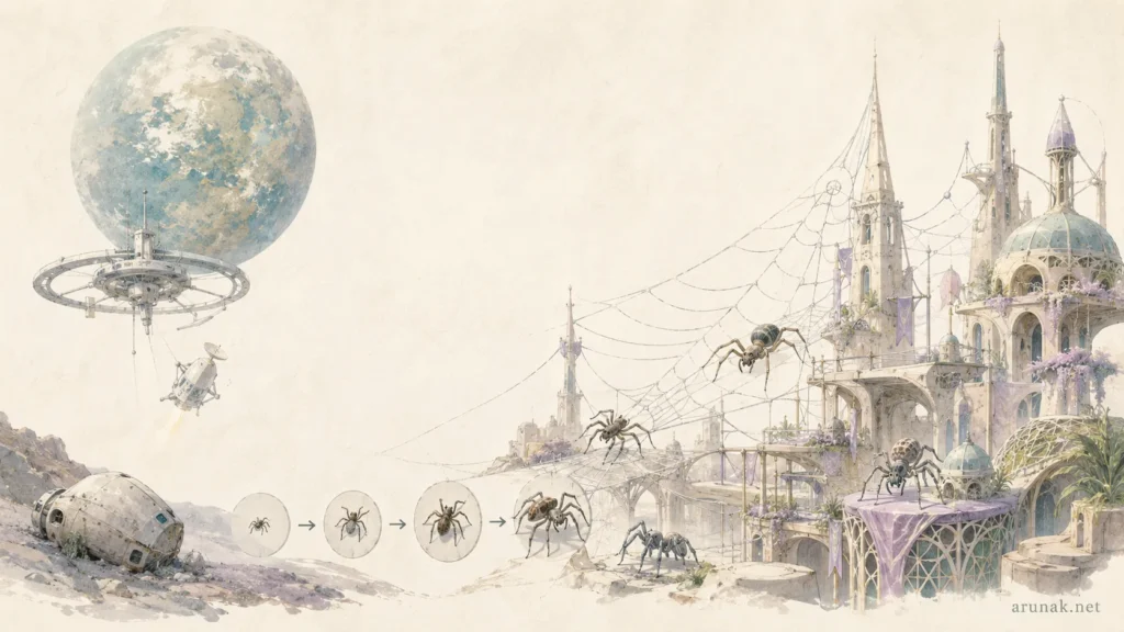 An editorial illustration for Children of Time by Adrian Tchaikovsky, showing a distant planet, failed human technology, spider evolution, and the rise of an intelligent spider civilization.