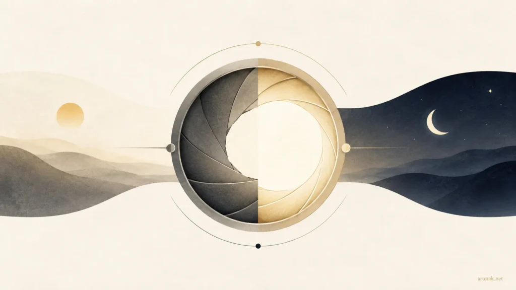Abstract camera aperture split between day and night, illustrating The Danger of a Fixed Perspective through changing light.