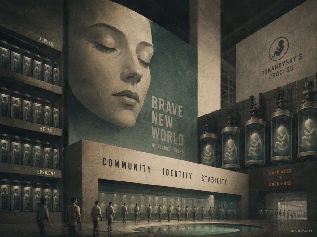 Laboratory-like Brave New World scene with caste rows, embryos, and slogans about stability, showing comfort as control in dystopian books.