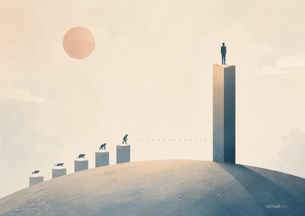 Minimal illustration for The Moving Benchmark showing species on rising blocks, with a human figure far ahead on a tall column.