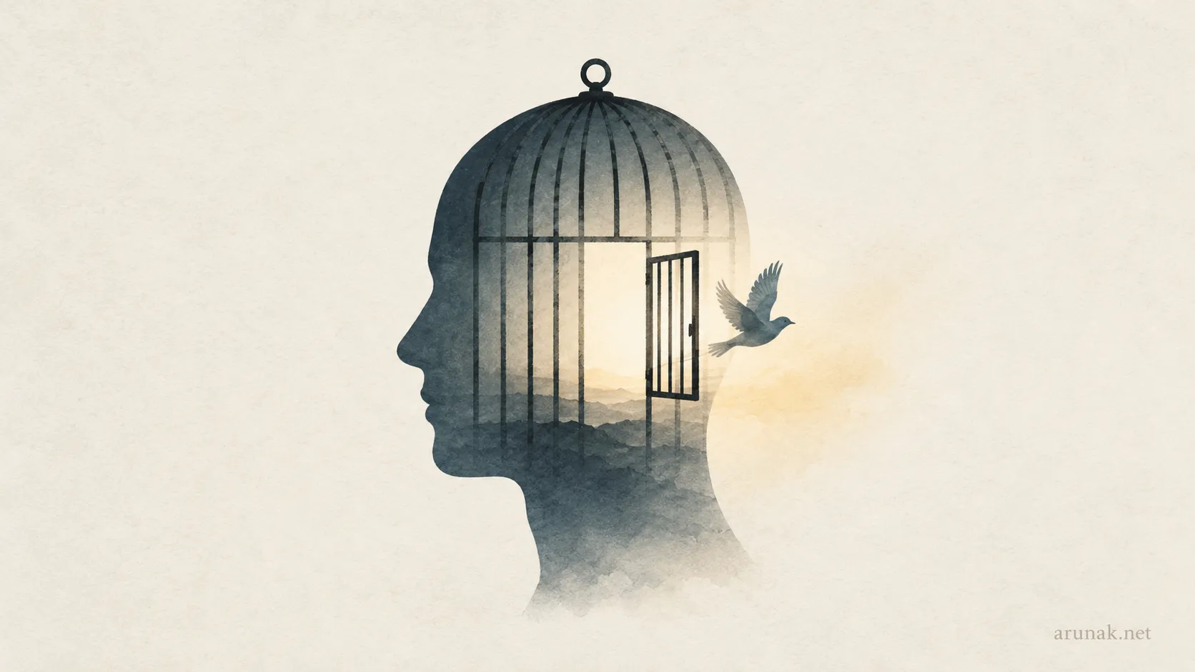 A human head shaped like an open birdcage releases a bird, a subtle metaphor for freedom and thought in dystopian books.