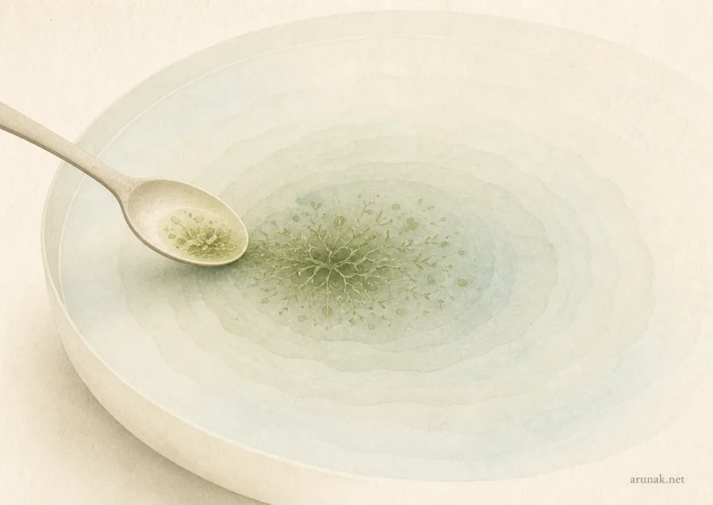 The selfish beginnings of meaningful work shown as a spoon adding a small green starter culture into a pale bowl.