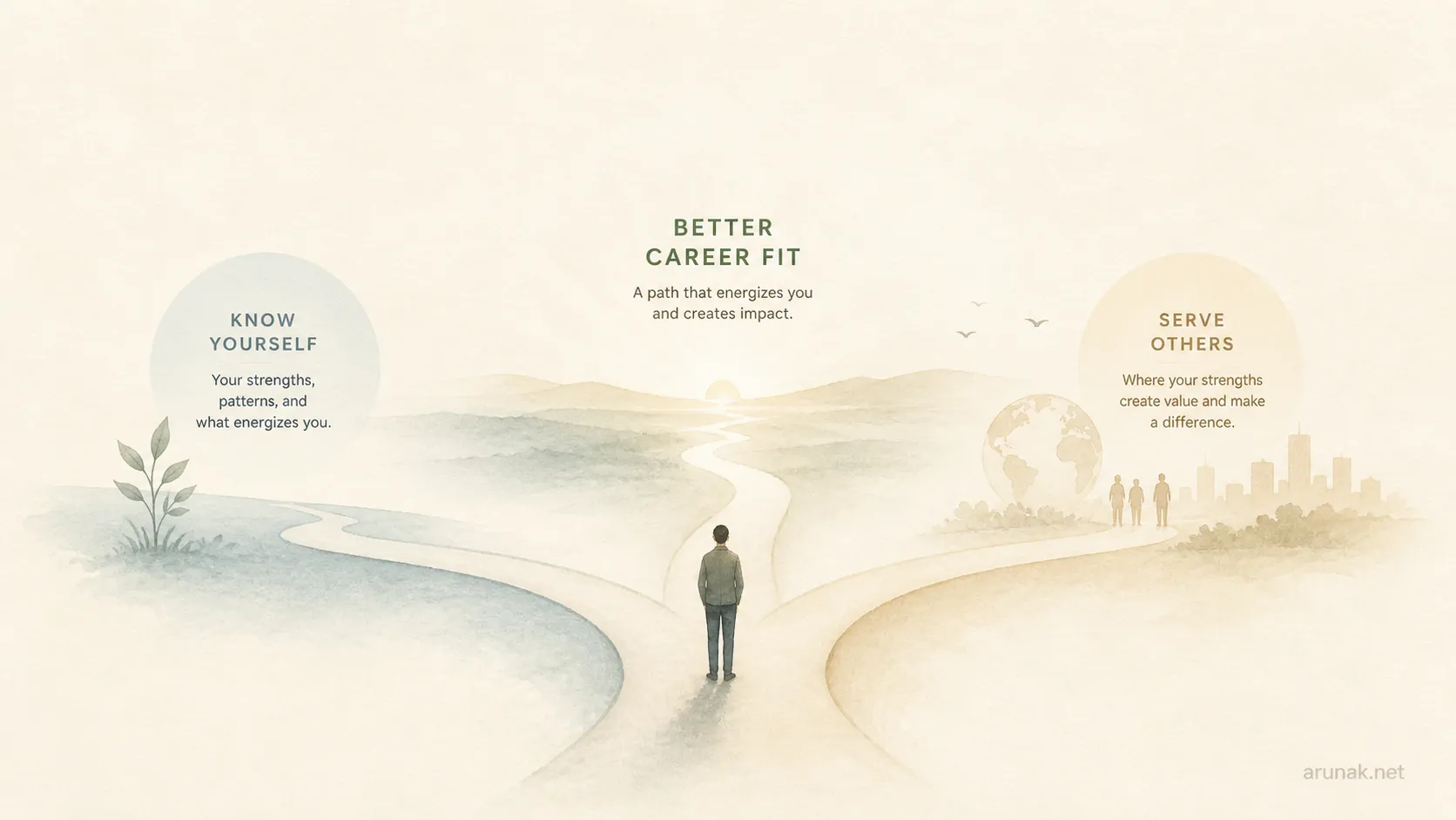 Conceptual banner showing two paths, know yourself and serve others, merging toward better career fit through strengths and contribution.