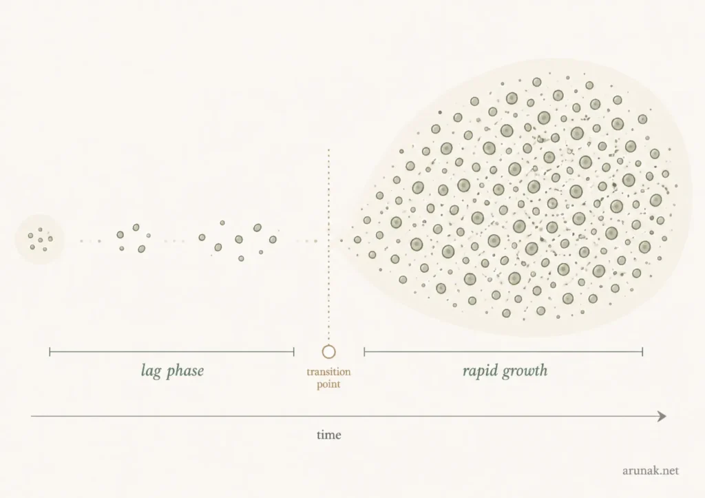 Timeline diagram showing lag phase, transition point, and rapid growth for The selfish beginnings newsletter idea.