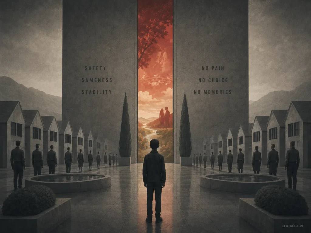A boy faces a narrow glowing opening in a gray ordered community, suggesting how dystopian books question safety without choice.
