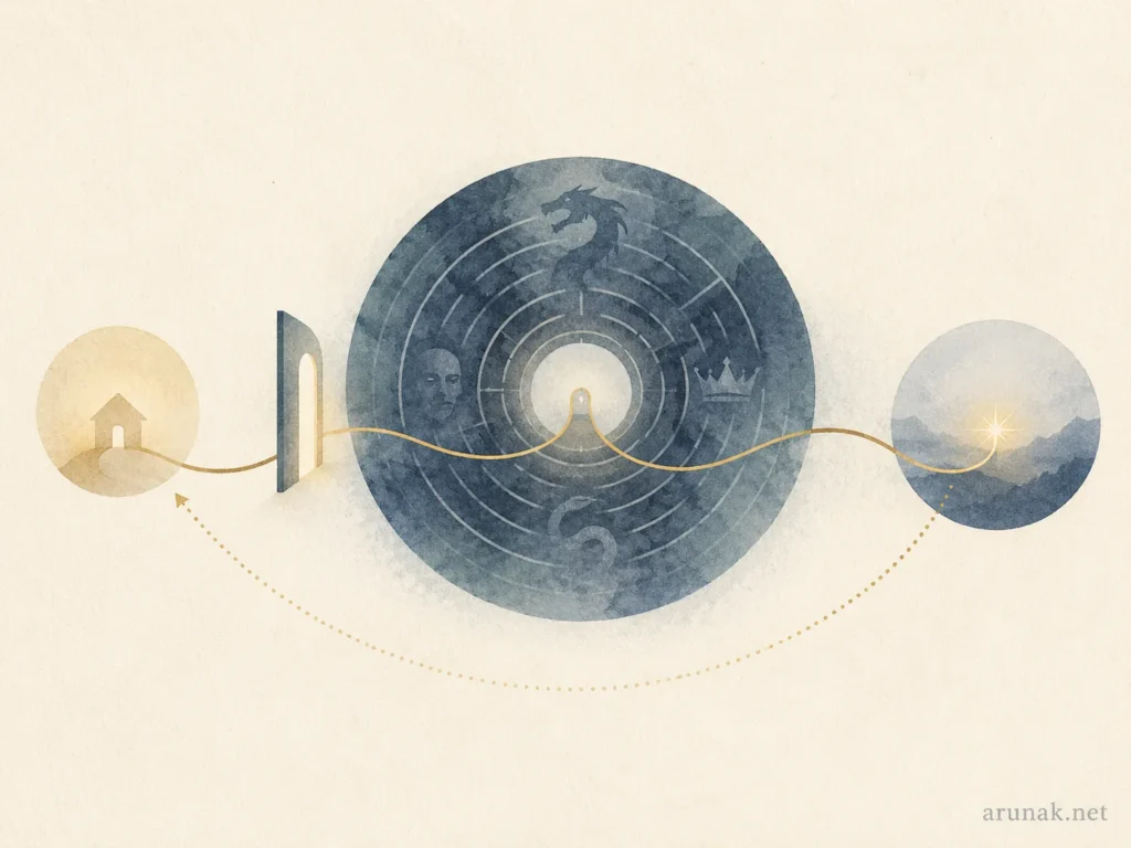Abstract editorial illustration for Nobody Wants to Read Your Sh*t by Steven Pressfield, showing a golden path from a small home through a threshold into a circular labyrinth, then toward a distant light, symbolizing the hero’s journey, transformation, and return.