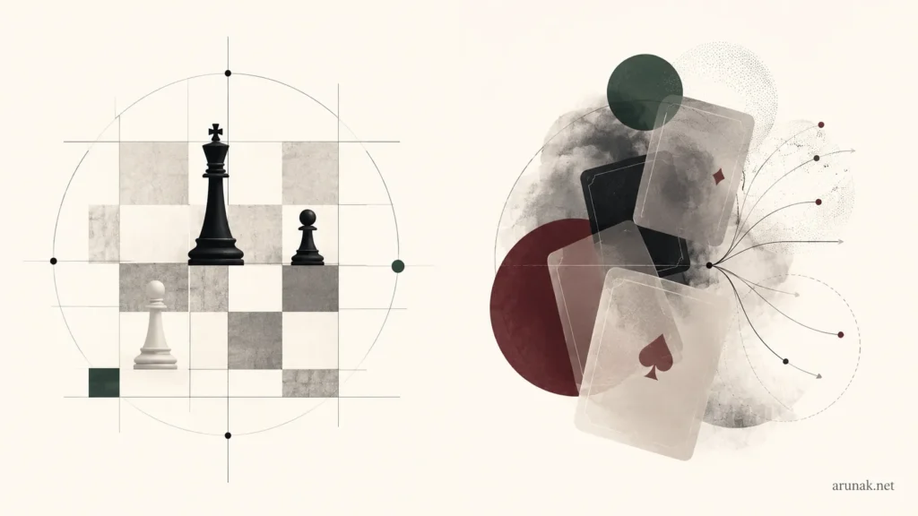 Abstract editorial illustration for Thinking in Bets by Annie Duke, contrasting a structured chessboard with layered playing cards, branching paths, and hidden variables to represent decision-making under uncertainty.