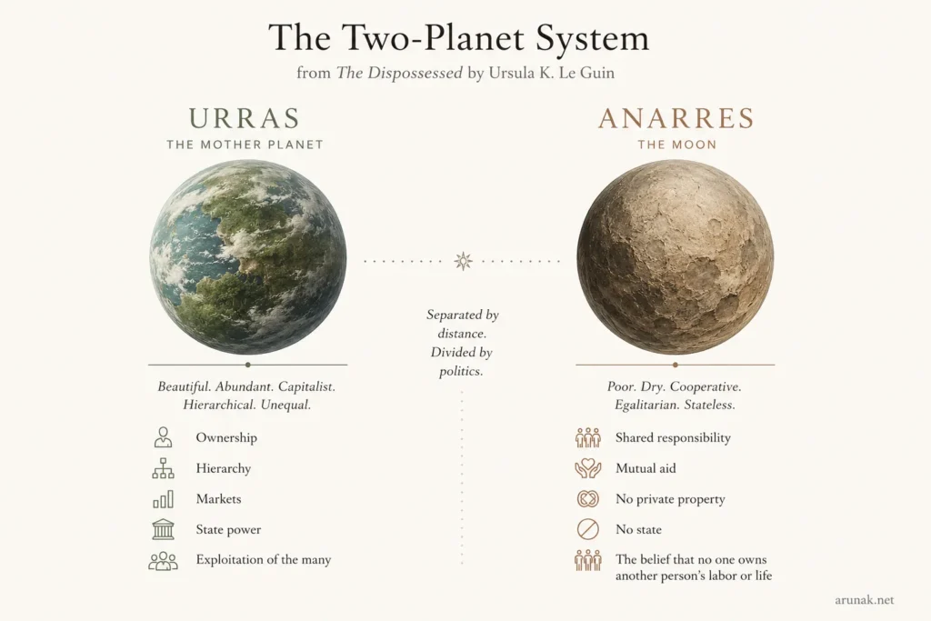 Comparison of Urras and Anarres from The Dispossessed, showing how dystopian books explore freedom, politics, and social systems.