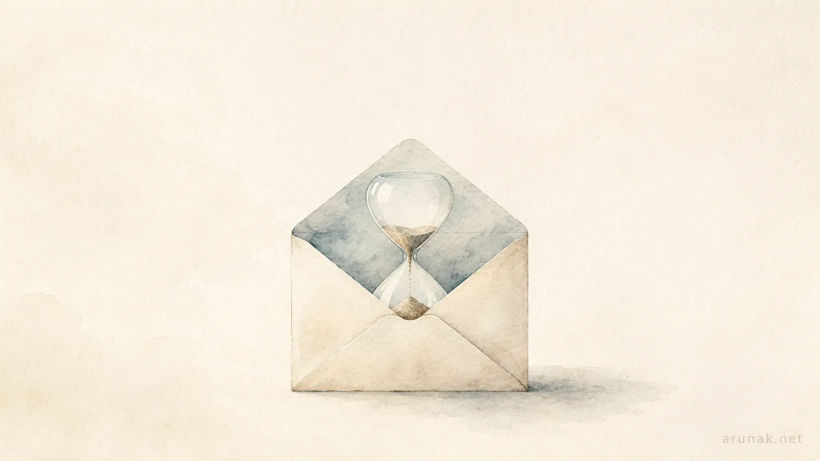 Minimal watercolor illustration of an open envelope with a small hourglass inside, symbolizing the patience and timing needed when sending a follow-up email to a potential supervisor.