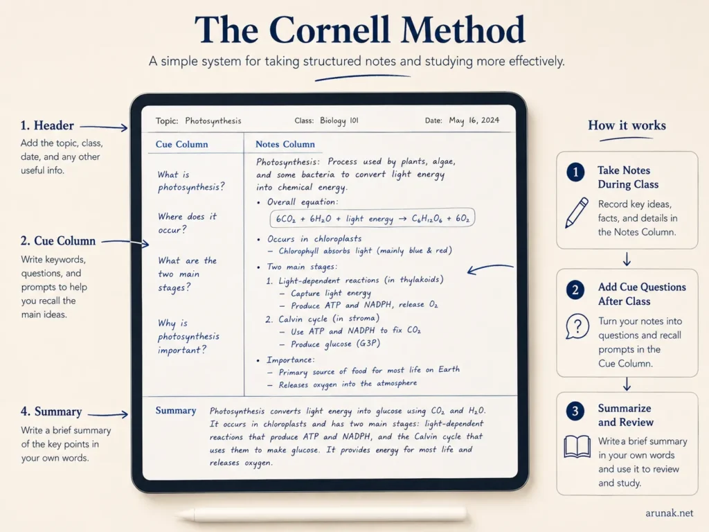 Cornell method example with header, cue column, notes column, and summary section for students who take notes in college.