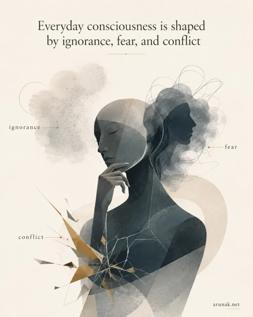 Abstract illustration of a reflective human figure shaped by ignorance, fear, and conflict, inspired by Cows, Pigs, Wars and Witches by Marvin Harris.