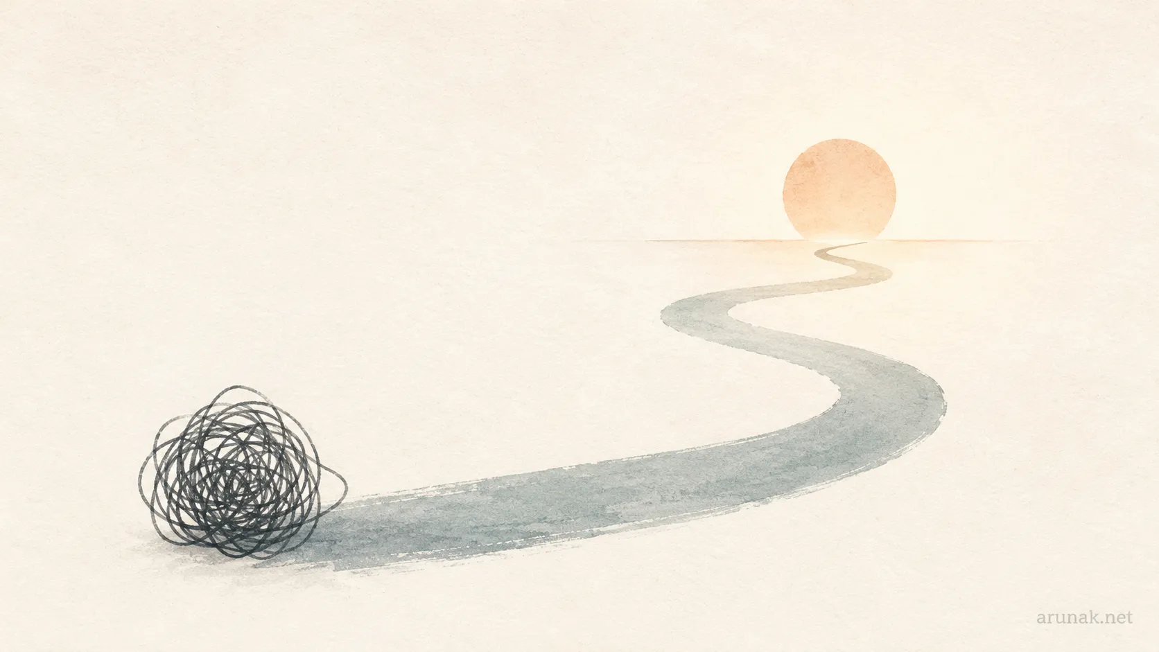 Minimal watercolor path moving from a tangled scribble toward a soft sun, symbolizing how to find your strengths through patterns over time.