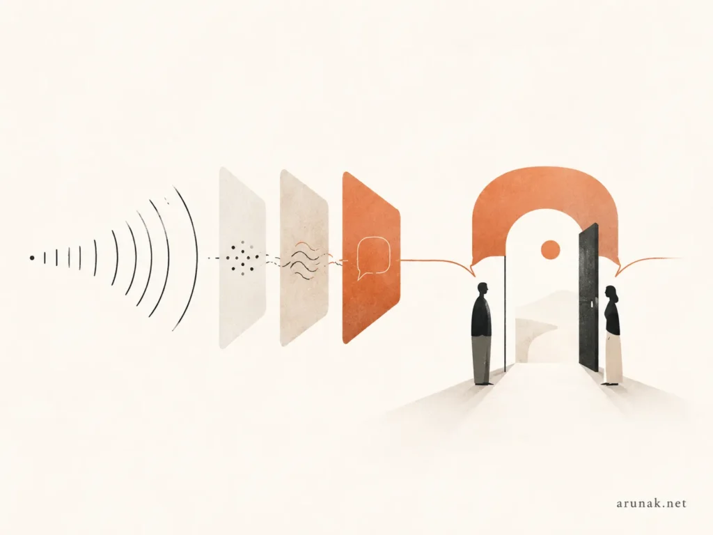 Abstract illustration of a message moving through different forms before becoming an open conversation between two people, showing how communication depends on delivery, meaning, and perspective-taking.