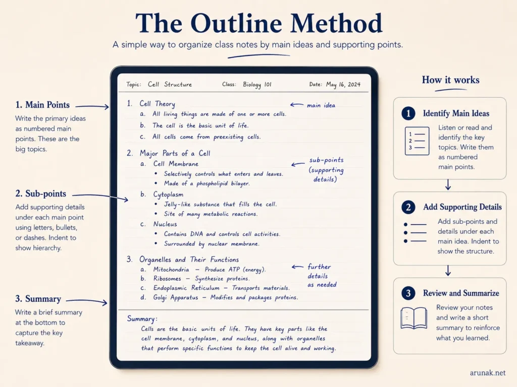 Outline method example showing main points, sub-points, and a summary for students learning to take notes in college.