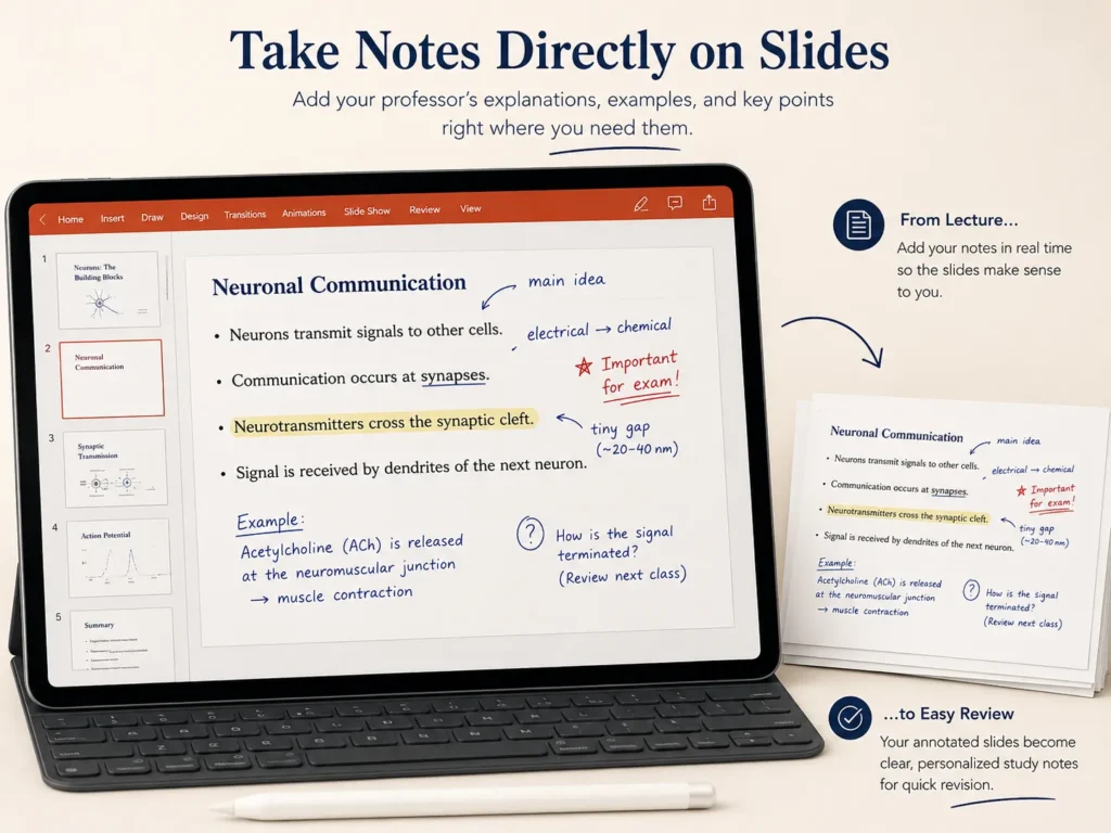 Tablet showing annotated PowerPoint slides with handwritten notes, explaining how students can take notes in college.