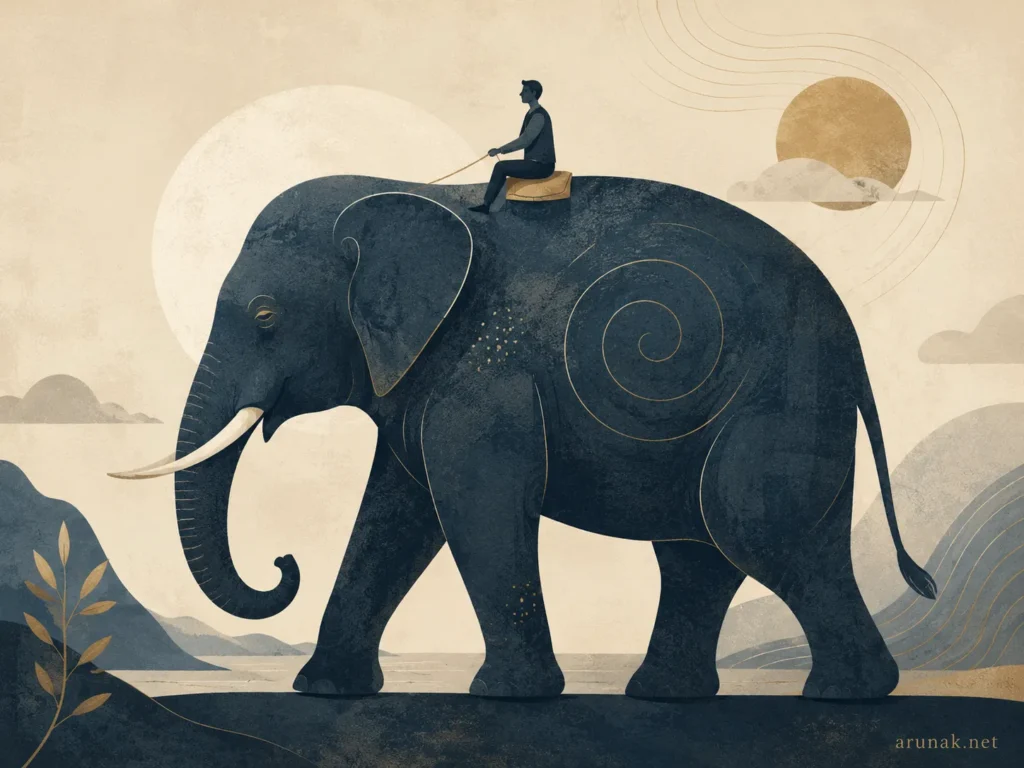 Abstract elephant and rider illustration for The Elephant in the Room, with navy figure, warm landscape