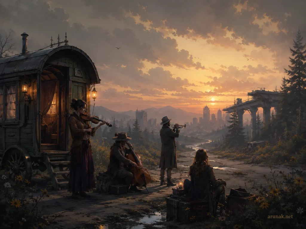 A painterly scene of musicians performing beside a caravan on an overgrown road at sunset, with ruined city structures in the distance, illustrating art, survival, and human meaning in a Station Eleven book note.