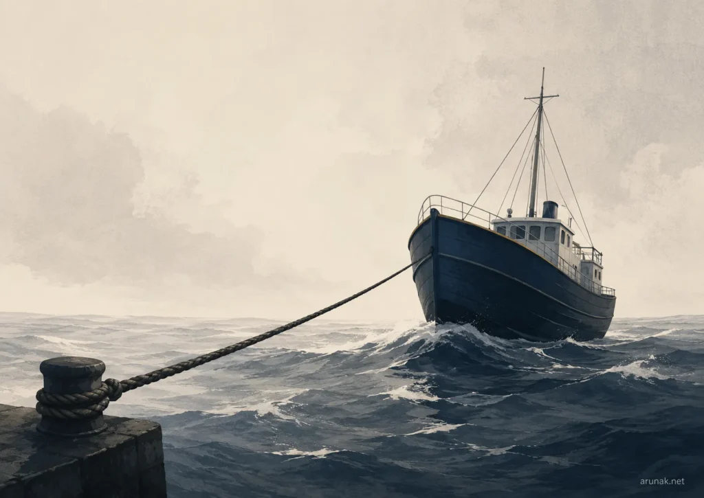 A large ship held by a taut rope in turbulent water, illustrating The Mooring Line as stability during difficult periods.