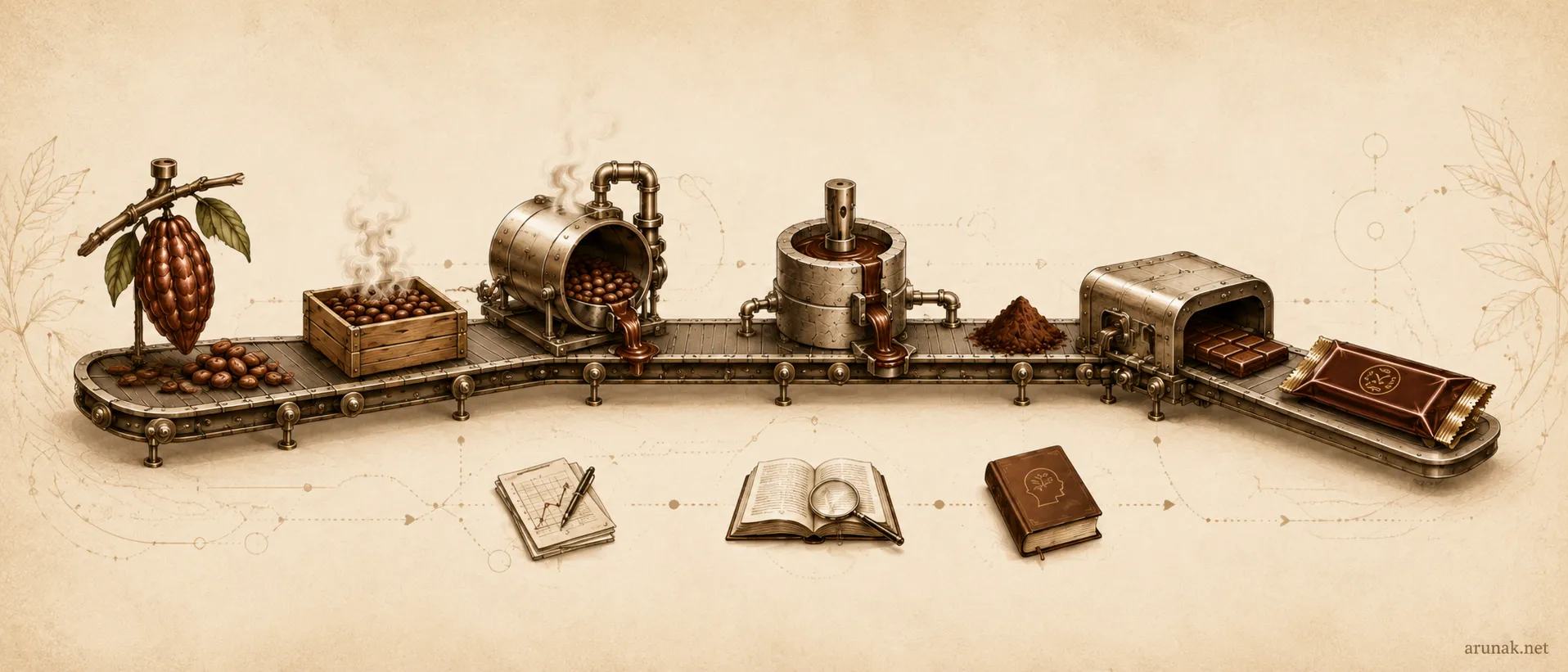 A horizontal banner shows cacao turning into chocolate alongside books and papers, illustrating how to choose the right nonfiction books without losing the source.