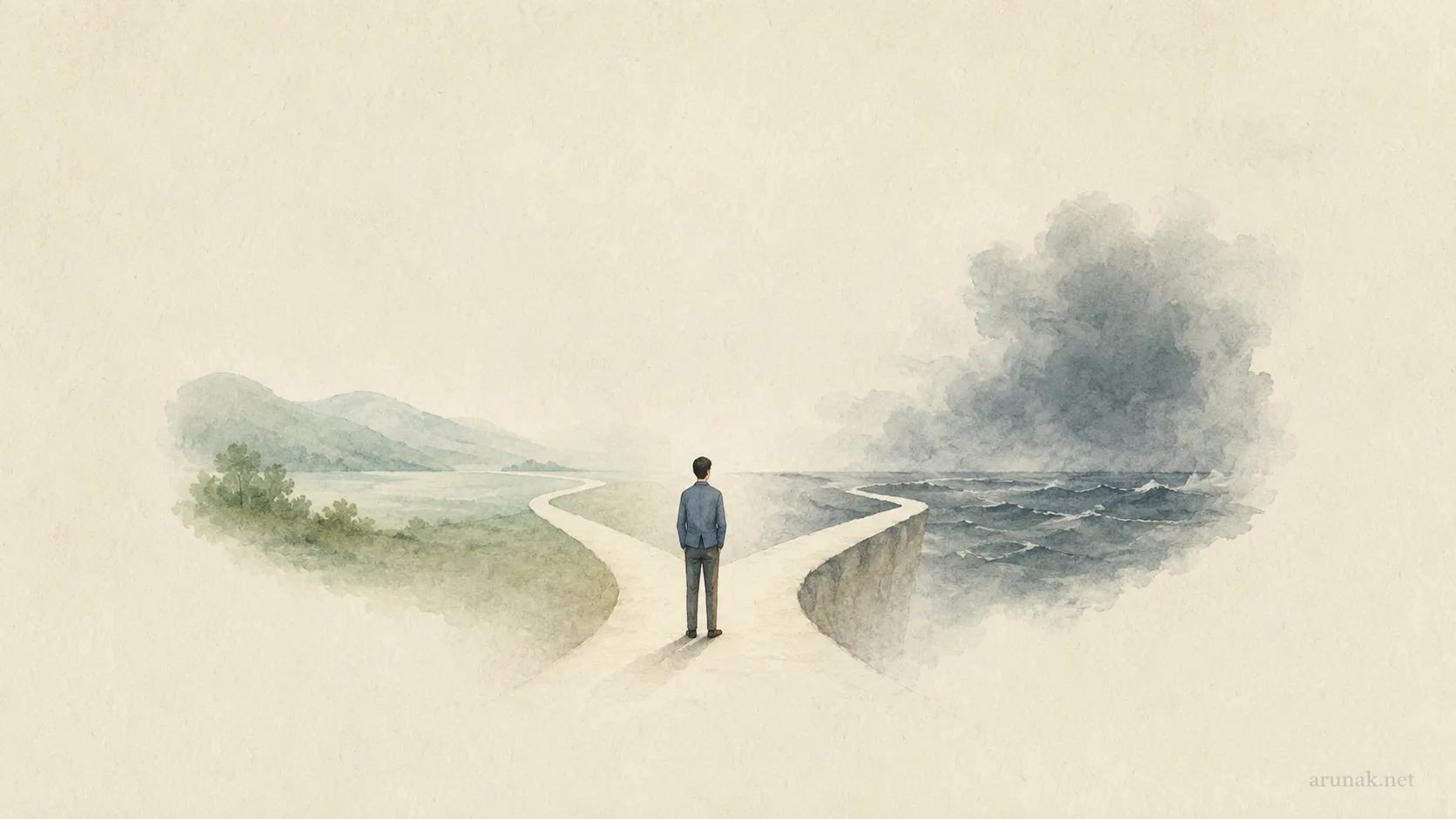 A person stands where a calm path and a stormy path divide, illustrating why am I so risk averse when outcomes feel uncertain.