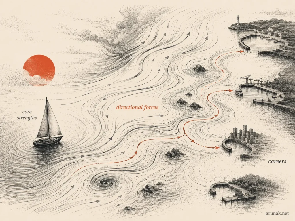 “You Are Not Born for a Job” concept map with core strengths as a sailboat, directional forces as currents, and careers as distant harbors.