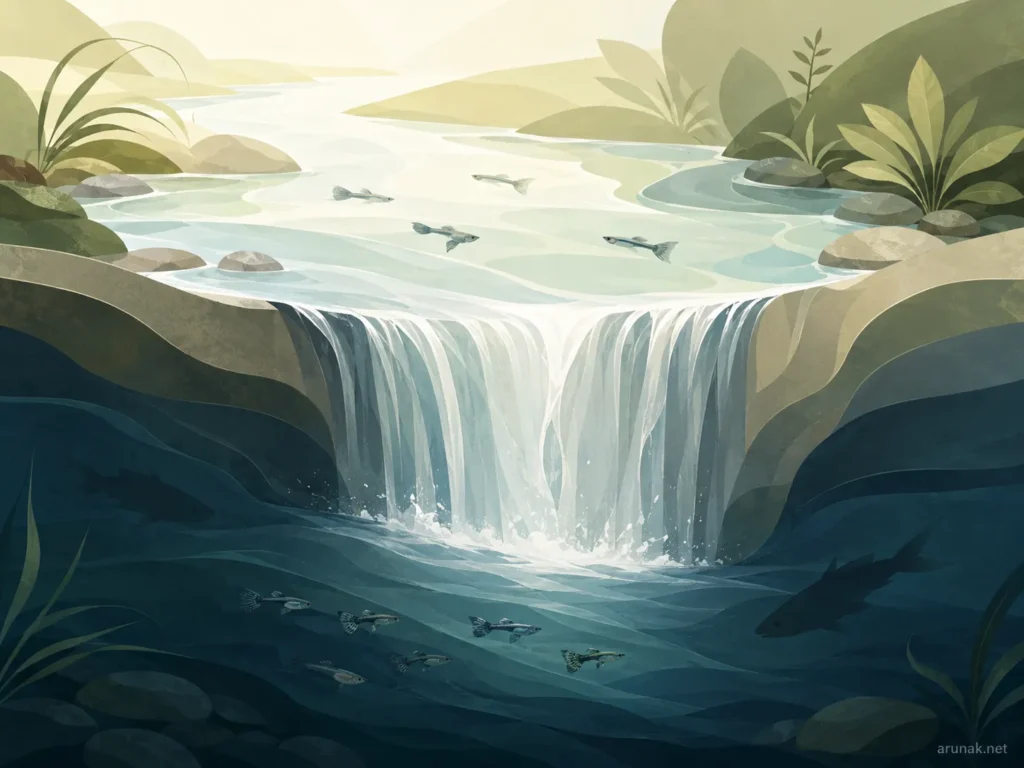Abstract river scene for What Kind of Guppy Are You, showing guppies above a waterfall and predators below.