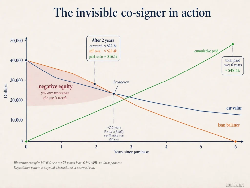 Chart for The Invisible Co-Signer showing a ,000 car loan, falling car value, rising payments, and negative equity until about 2.6 years.